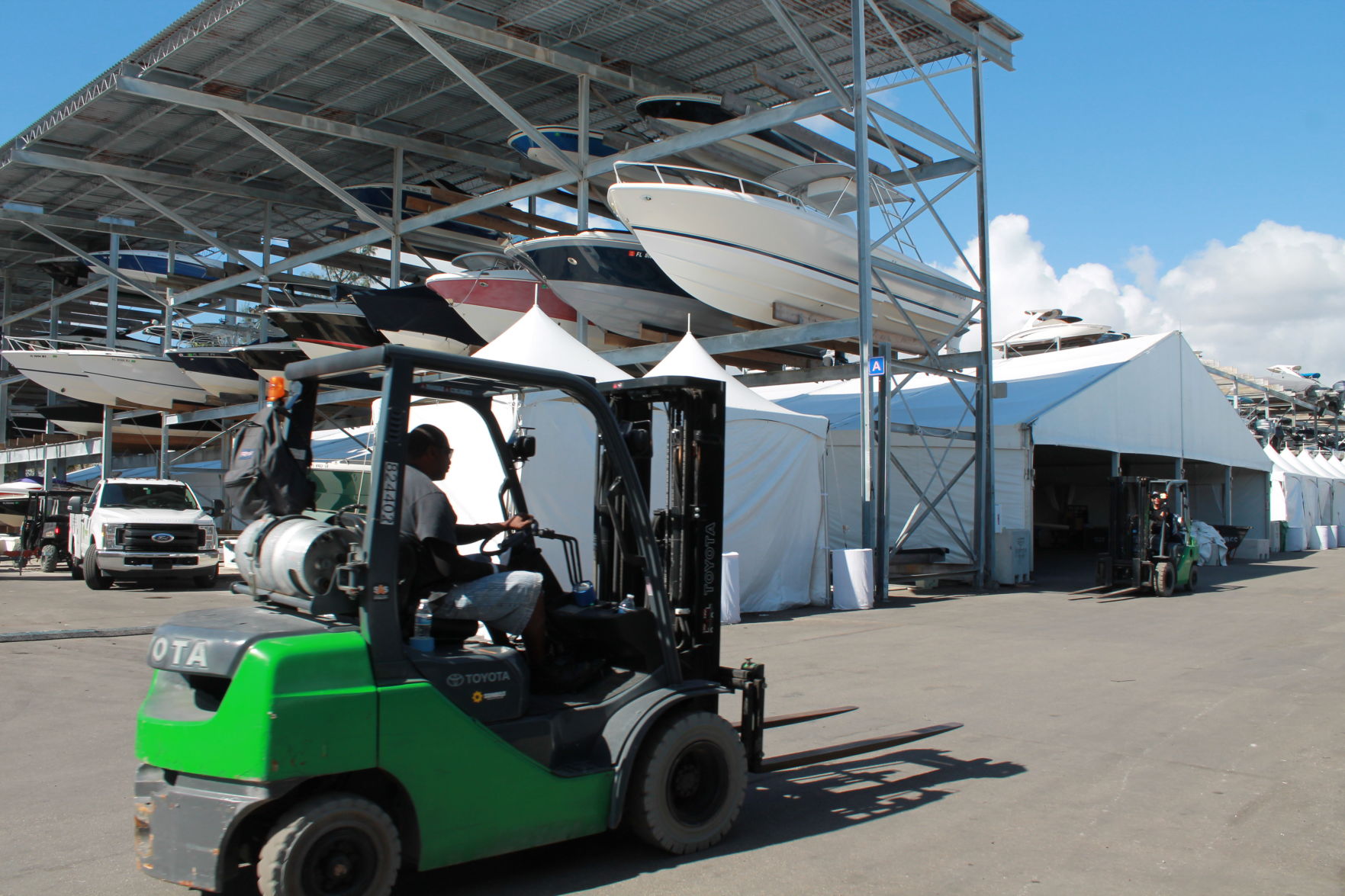 Operations in preparation for the boat show opening last February.